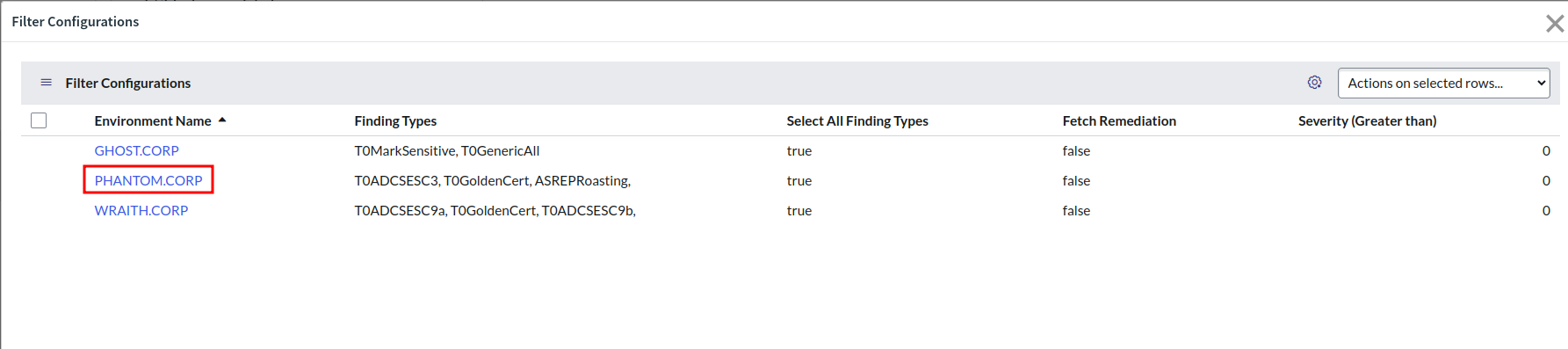 A view of the ServiceNow user interface showing the process of updating filter configuration for selected environments.