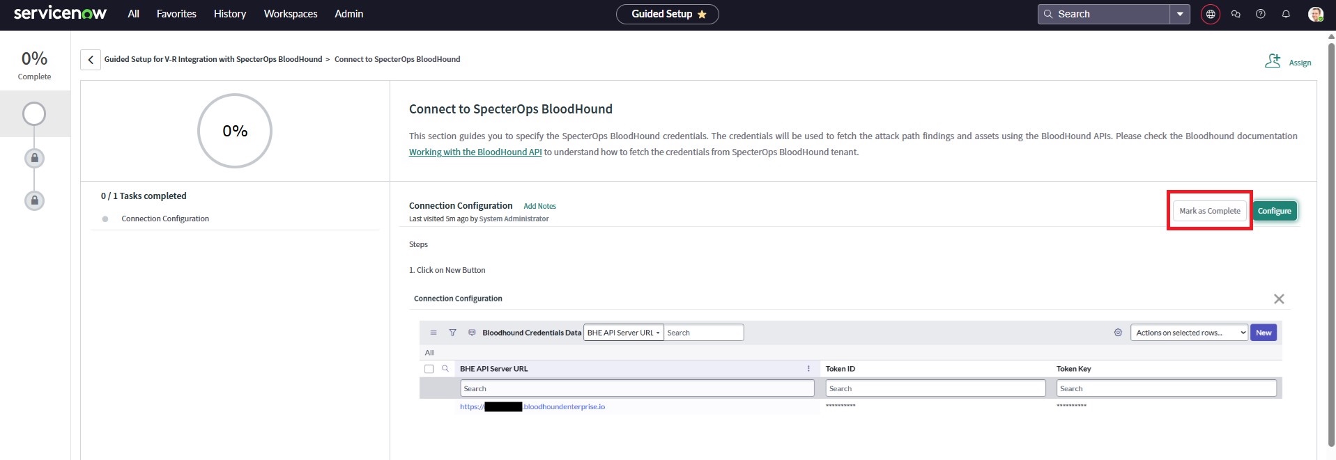 A view of the ServiceNow user interface showing the process of marking the Connect to BloodHound Enterprise step as complete in the guided setup.