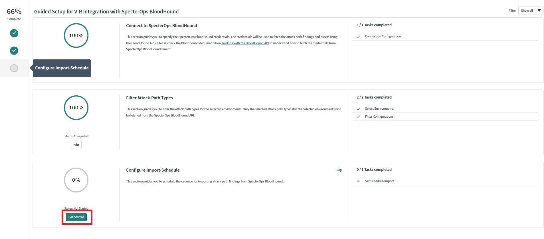 A view of the ServiceNow user interface showing the guided setup for configuring the import schedule for fetching attack path findings from BloodHound Enterprise.