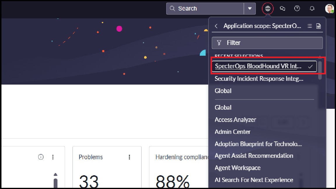 A view of the ServiceNow user interface showing the process of changing the application scope to the SpecterOps BloodHound integration app.