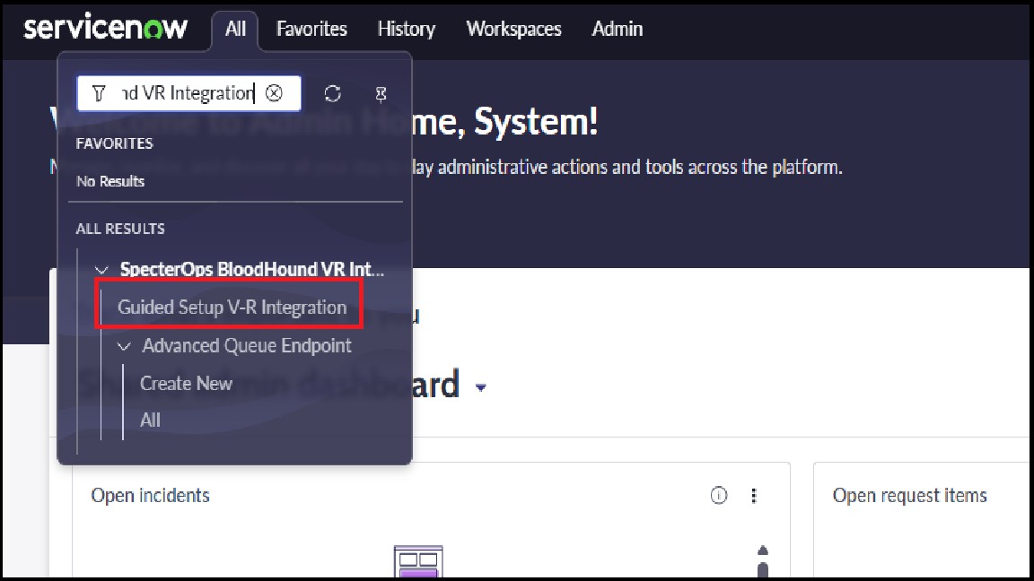 A view of the ServiceNow user interface showing the process of navigating to the Guided Setup page for the SpecterOps BloodHound integration app.